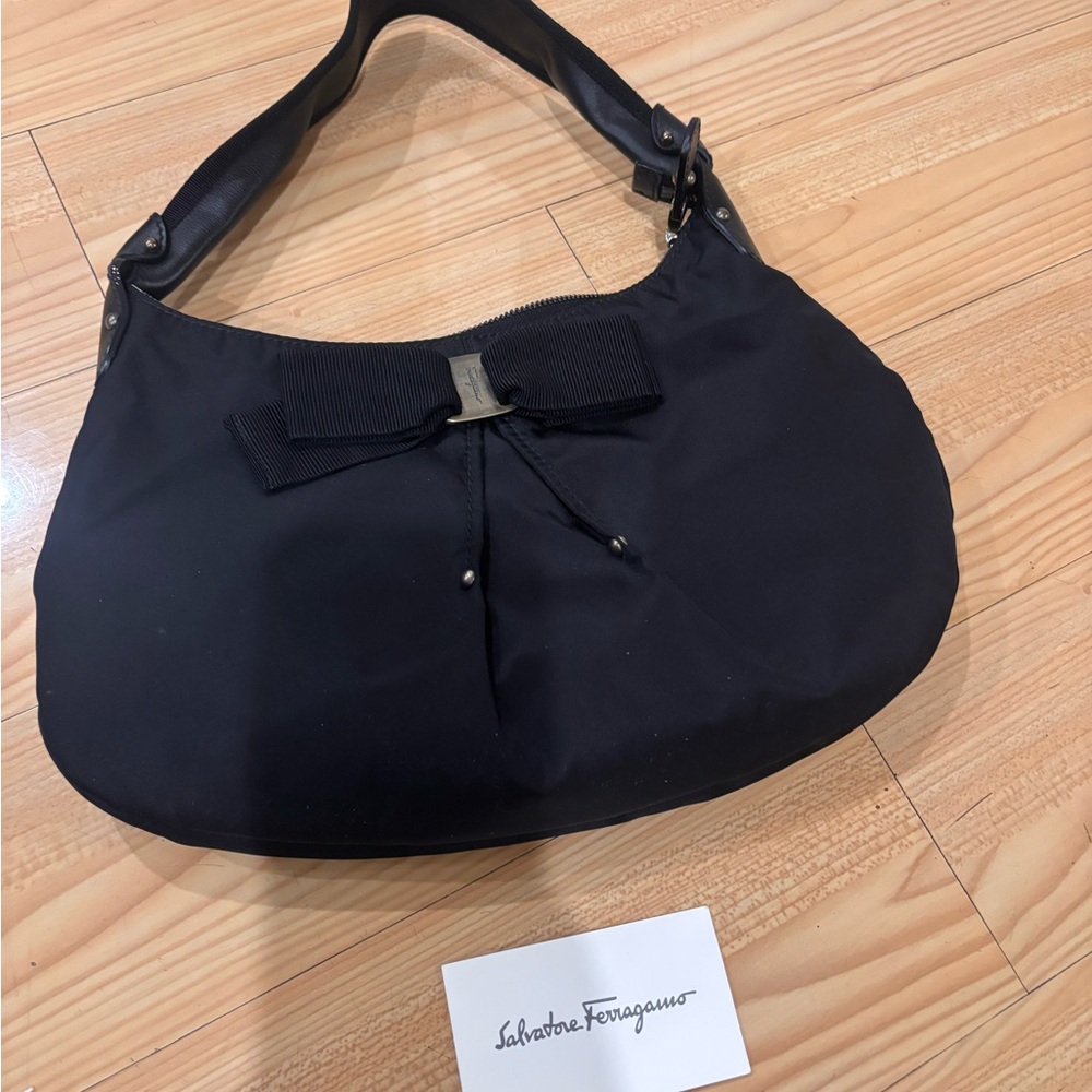 Salvatore Ferragamo Black Canvas Shoulder Bag with Bow Accent